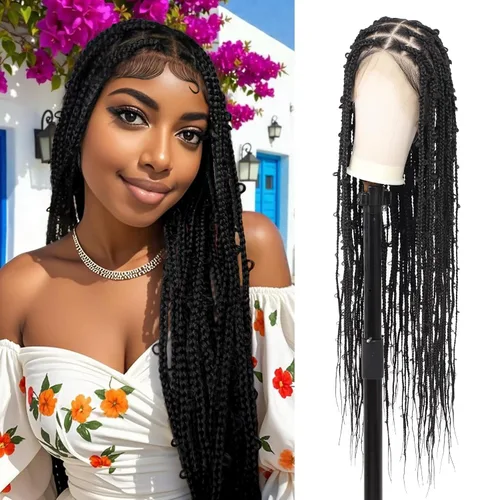 Lexqui Pelucas trenzadas de encaje completo HD de 360° para mujer, pelucas trenzadas sin nudos, peluca trenzada de caja de mariposa con cabello