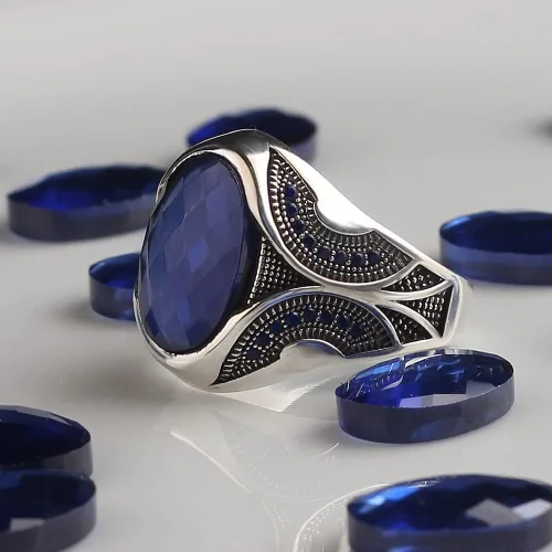 Miniatura 6 de Anillo de plata de ley 925 para hombre con piedra preciosa de zafiro, anillo de plata grabado hecho a mano, regalo para él, anillo de plata