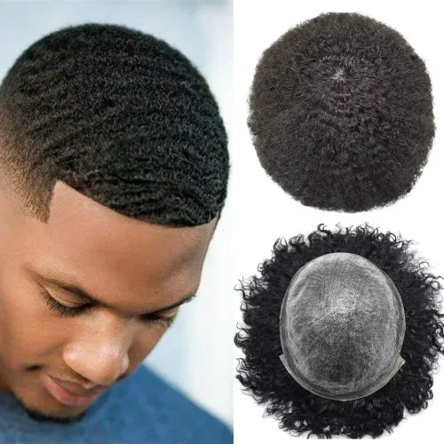 Miniatura 14 de Afro Toupee para hombres negros, rizado afro ondulado, postizo masculino, piel fina, PU negro, para hombre, tupé, reemplazo de cabello humano