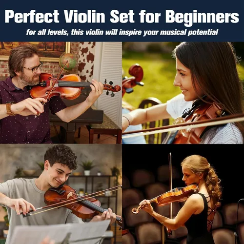 Miniatura 10 de Violín Mendini de madera sólida, libro de lecciones, cuerdas extra, sintonizador violín, arco y estuche, Blanco