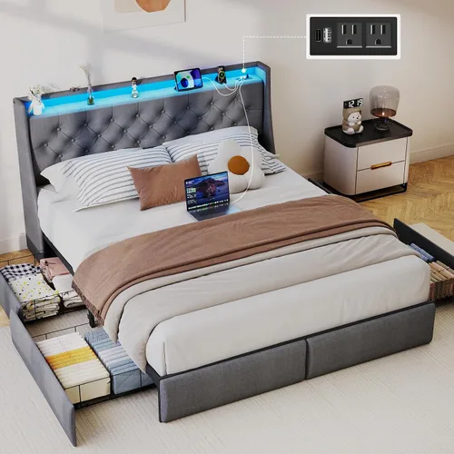 Miniatura 16 de SADENICEL Base de cama de tamaño completo con cabecera de almacenamiento y 4 cajones, plataforma de base de cama de metal completo con luz LED