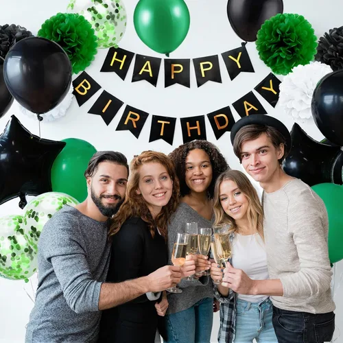 Miniatura 7 de Decoraciones de cumpleaños para hombres, suministros de decoración de fiesta verde y negro, incluyendo pancarta de feliz cumpleaños, confeti, globos