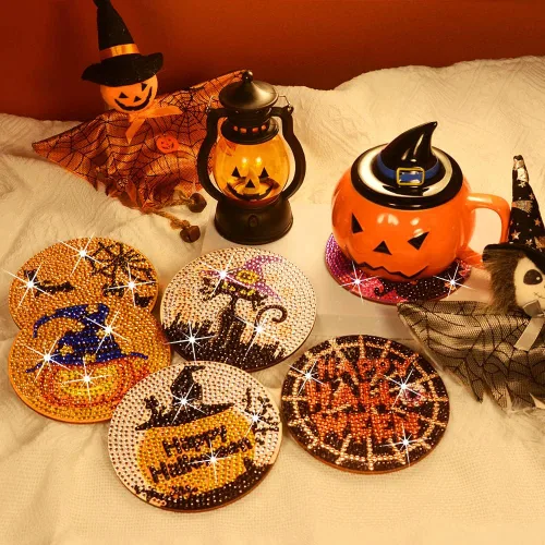 Miniatura 6 de Praise V Do Juego de 6 posavasos de pintura de diamante con soporte de base de corcho, posavasos de calabaza de Halloween, kit de pintura