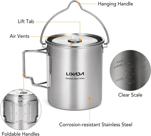 Miniatura 3 de LIXADA Taza para acampar, taza de agua de acero inoxidable de 25.4 fl oz con asas plegables y tapa para acampar al aire libre, senderismo, mochilero