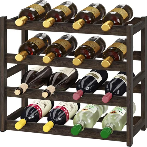 Miniatura 13 de BAMEOS Estante de vino independiente de 2 niveles y 8 botellas, estantes de vino de bambú, gabinete de encimera, soporte de vino, estante