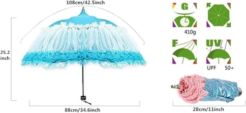 Miniatura 7 de Honeystore Pagoda Parasol 3 Folding Lace Totes Sun Rain Wedding Ruffle Umbrella