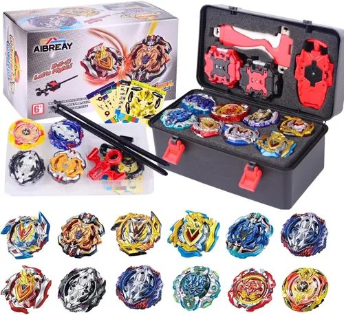 AIBREAY Juego de trompos de combate Burst Gyro 12 trompos giratorios 3 lanzadores 1 agarre de juguete Juego de combate con batalla portátil Caja de