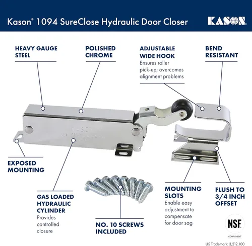 Miniatura 2 de Kason 1094 SureClose Cierrapuertas hidráulico, expuesto con gancho empotrado a 3/4 pulgadas, 11094000003_11094000026