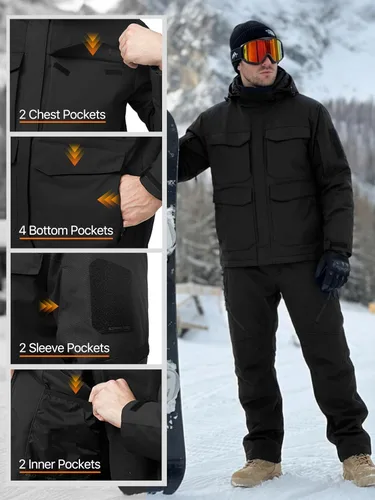 Miniatura 7 de FREE SOLDIER Chaqueta de esquí impermeable para hombre, abrigo cálido de invierno para nieve, snowboard con múltiples bolsillos, capucha desmontable