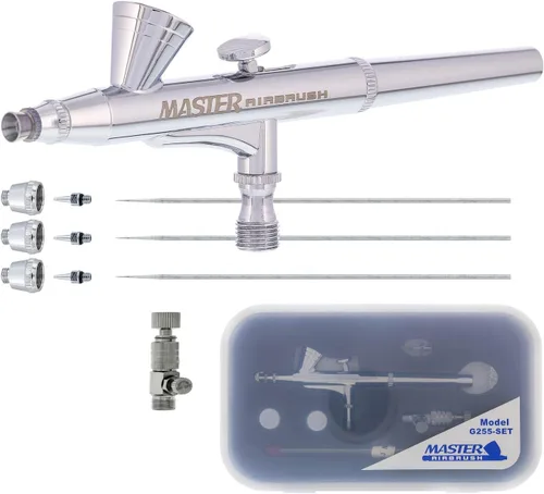 Master Airbrush G255 Pro Kit de pistola de aerógrafo de alimentación por gravedad de doble acción con 3 juegos de boquillas (agujas de 0.2, 0.3 y