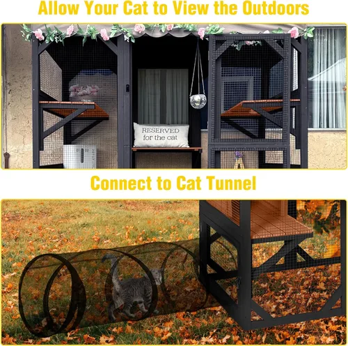 Miniatura 4 de Wooden Catio Outdoor Cat - Amplio condominio para gatos con 7 plataformas de escalada, 2 acogedoras casas de siestas, panel de ventana expandible