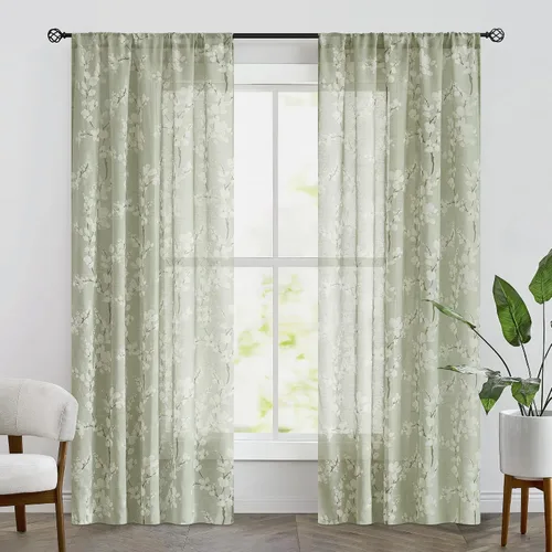 Miniatura 2 de FMFUNCTEX Cortinas de Nivel de Cocina Verde y Blanco de 24 Pulgadas de Largo con Estampado de Flores, Cortinas de Media Ventana para Baño