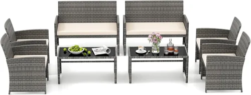 Miniatura 22 de HAPPYGRILL Juego de 4 muebles de mimbre para exteriores con mesa de centro de vidrio templado, cojines suaves, juego de sillas de ratán resistentes