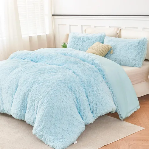 Miniatura 15 de PERFEMET Juego de cama de 3 piezas de felpa azul peluda tamaño queen, estampado de teñido largo, ropa de cama arcoíris de piel sintética para niñas