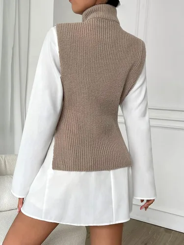 Miniatura 2 de SweatyRocks Chaleco de punto elegante de cuello alto sin mangas para mujer, con cinturón lateral dividido
