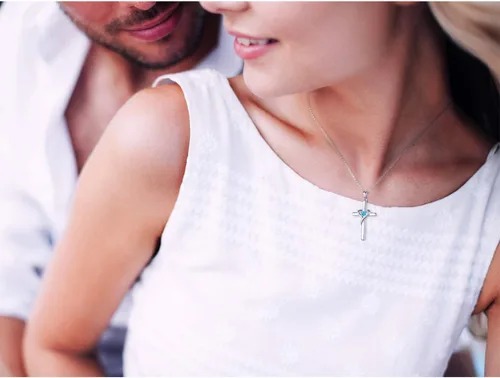Miniatura 6 de AmorAime - Collar con cruz de plata de ley 925 para mujeres y hombres, collares de piedra natal de circonita cúbica 5A, chapado en oro de 14