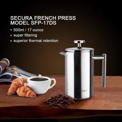 Miniatura 7 de Secura - Cafetera de prensa francesa de acero inoxidable 304 con 2 filtros adicionales Plateado