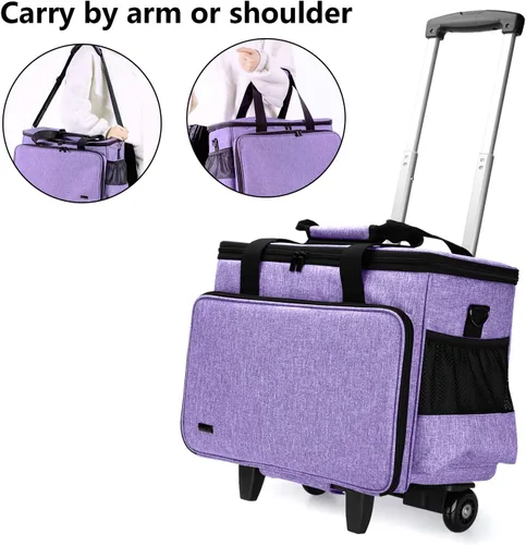 Miniatura 4 de Yarwo Funda de transporte mejorada para máquina de coser con ruedas, bolsa de mano desmontable con tabla inferior extraíble y pata de remolque Morado