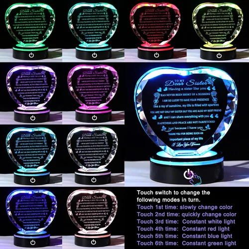 Miniatura 6 de YWHL Regalos de cumpleaños para hermanas con base LED colorida de corazón de cristal para mi hermana, regalo significativo para hermanas en Navidad