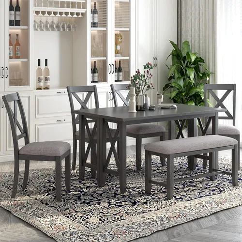 Miniatura 12 de Juego de mesa de comedor de madera de 6 piezas, juego de mesa de cocina con rectangular, juego de mesa de comedor con banco tapizado y 4 sillas