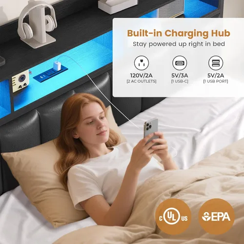 Miniatura 3 de ADORNEVE Base de cama tamaño King con 10 cajones de almacenamiento y cabecera tipo estantería RGB, cama King tapizada en PU con estación de carga