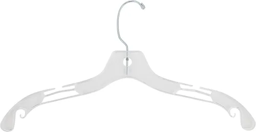 Perchas pesadas de plástico transparente para camisas de adultos de 17 pulgadas de ancho con gancho giratorio y hombros con muescas (cantidad 25)