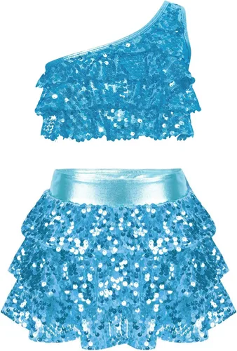 Miniatura 89 de JEATHA Top corto con borlas y lentejuelas brillantes para niñas, con minifalda, jazz latino, salsa, samba, rumba, baile