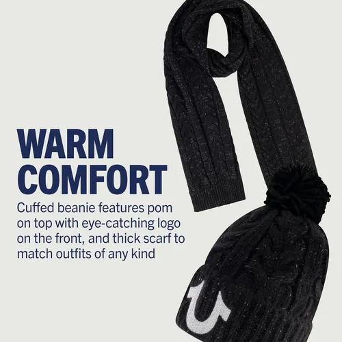 Miniatura 3 de True Religion Conjunto de gorro y bufanda para mujer, gorro de punto con puños de invierno con pompón de cable lúrex y gorro de bufanda