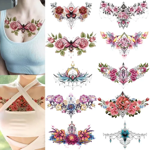 Glaryyears Tatuaje temporal debajo del pecho para mujer, paquete de 10 tatuajes realistas florales grandes, calcomanías creativas de larga duración,