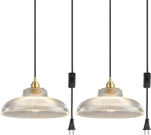 Miniatura 17 de Lámpara colgante enchufable de cristal azul, lámpara colgante dorada de altura ajustable con interruptor de encendido/apagado de cable de 14.7 pies