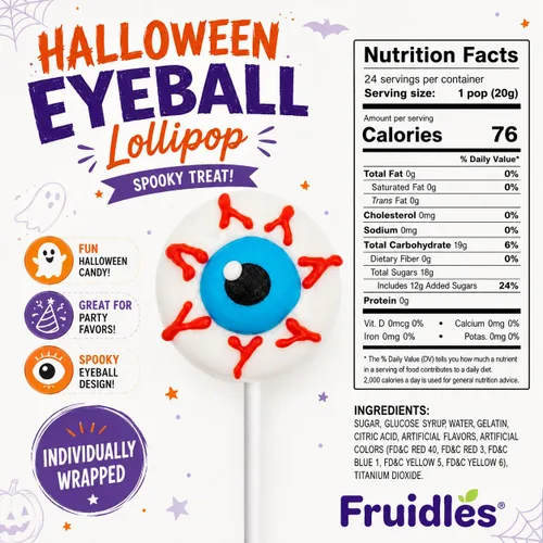Miniatura 2 de Fruidles Piruletas de Halloween con forma de globo ocular, rellenos de bolsas de fiesta de truco o trato (paquete de 12)
