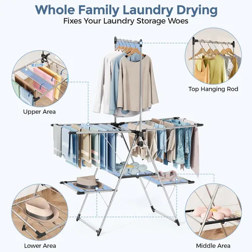 Miniatura 3 de APEXCHASER Large Capacity Foldable Clothes Drying Rack, Heavy Duty Stainless Steel Laundry Drying Rack with Top Hanger, Multi-Layer Indoor Outdoor