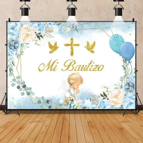 Telón de fondo de bautismo, 7 x 5 pies, diseño de hojas de eucalipto florales azules y rosas, fondo de fotografía con tema de ángel, decoración de