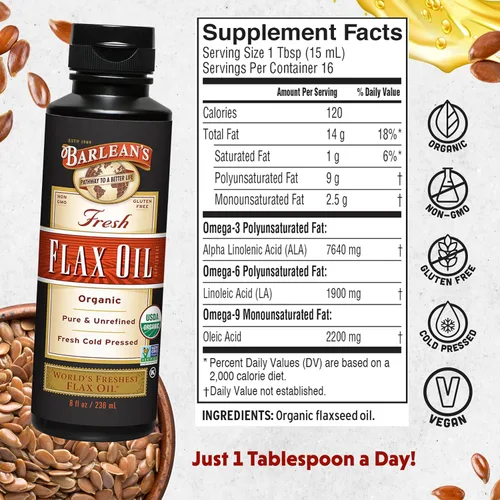 Miniatura 2 de Barlean's - Aceite de linaza orgánico líquido de semillas frescas de lino prensadas en frío, 7,640 mg ALA Omega 3 suplemento de ácidos grasos