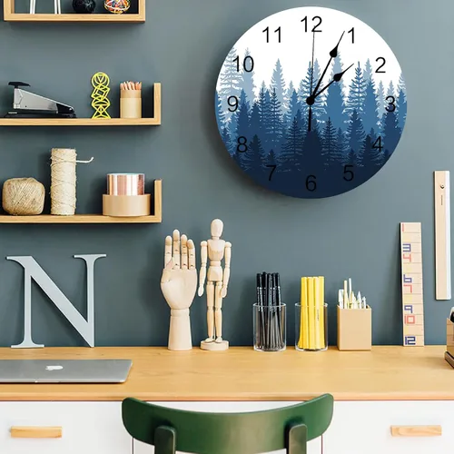 Miniatura 4 de Reloj de pared con árbol del bosque, funciona con pilas, reloj de pared silencioso de PVC sin tictac de 10 pulgadas, paisaje forestal brumoso, reloj