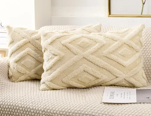 Miniatura 12 de Juego de 2 fundas de almohada de piel sintética beige de 16x16, funda de almohada decorativa de cuadros suave estilo boho para sofá, cama, sala