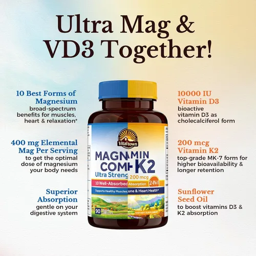 Miniatura 3 de Vitalitown Ultra Magnesio y Vitamina D3 K2 paquete (paquete de 2) Complejo de magnesio 10 en 1 y 10000 UI D3, MK-7 para dientes de músculo óseo