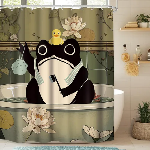 Miniatura 22 de Cortina de Ducha Divertida de Rana Juego de Baño 48 Pulgadas de Ancho x 71 Pulgadas de Alto Lindo Animal Retro Tomando Ducha Patito de Goma