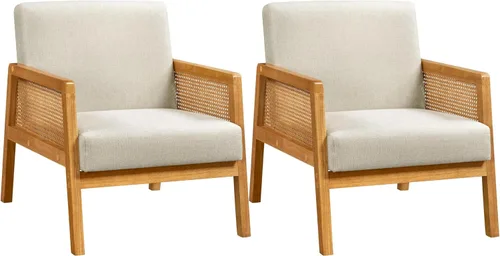 Miniatura 10 de Yaheetech Silla decorativa, sillón moderno de ratán, cómoda silla de lino con patas de madera para sala de estar, dormitorio, sala de lectura, Beige