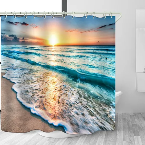 Miniatura 8 de LYFANS El baño tiene una cortina de ducha de playa al atardecer y la bañera tiene una lujosa cortina de ducha estándar. Cortina de ducha de tela