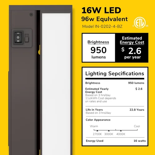 Miniatura 2 de GetInLight luz LED para parte inferior de gabinete, giratoria, de 3 niveles de color, para atenuador, con cables y enchufe, blanco cálido de 2,700