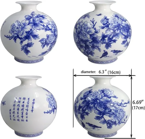 Miniatura 2 de Dahlia Jarrón azul y blanco, florero hecho a mano de porcelana de hueso, pájaros en arbusto de peonía, forma de granada 6.5 pulgadas