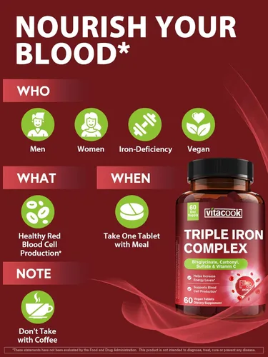 Miniatura 6 de Suplemento de hierro Vitacook para mujeres y hombres, píldoras de hierro 3-en-1 de 65 mg, bisglicinato, sulfato, hierro carbonilo con vitamina C