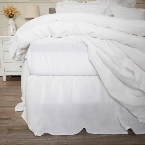 Piper Classics Falda de cama Provincial Linen White Queen con volantes con caída de 21 pulgadas y esquinas divididas, 100% lino con volantes de polvo
