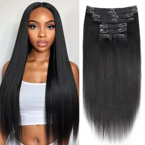 Miniatura 49 de Extensiones de cabello humano real con clip, 8 unidades, cabello humano Remy liso de seda suave natural, 4.23 oz, 20 pulgadas, negro natural #1B, 8