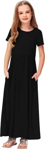 Miniatura 2 de Deerose Vestido largo casual de manga corta para niñas, con bolsillos, de 5 a 14 años