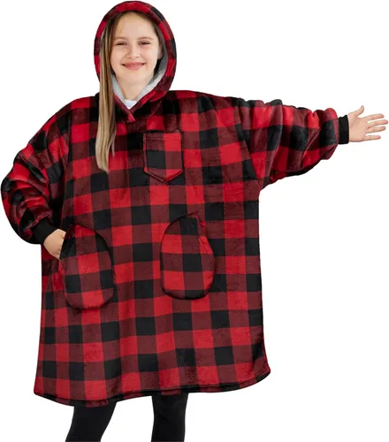 Miniatura 12 de PAVILIA Manta de vestir para niños y niñas, cálida y acogedora sudadera con capucha gigante con dos bolsillos, forro polar Sherpa con capucha