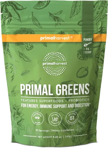 Polvo de SuperVerdes Primal Harvest, 30 porciones con +50 Superalimentos de verduras, clorella, probióticos, té verde, hierba de trigo, kale,