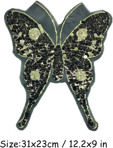 Miniatura 2 de Parche de lentejuelas de mariposa negra brillante, parches bordados con cuentas para coser ropa, sombreros, mochilas, disfraces, bolsos, decorativos
