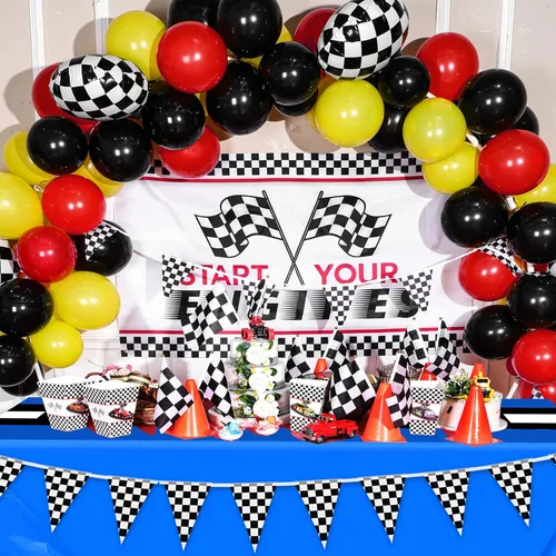 Miniatura 5 de Irenare 3 hojas de suministros para fiesta de cumpleaños de automóvil, decoraciones de fiesta de carreras, mantel de camino de mesa de carreras, Azul